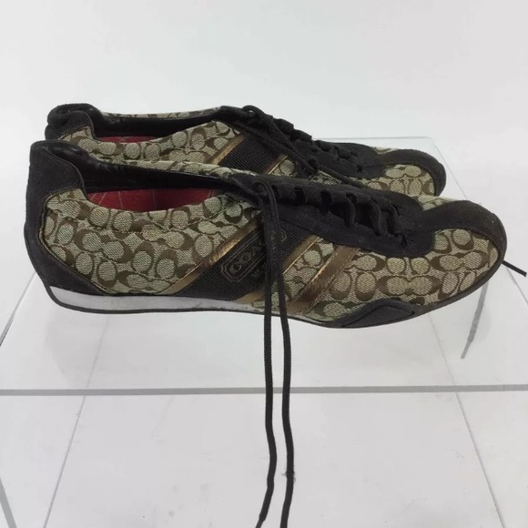 Coach Brown/Tan Logo Jacquard Suede Trim Sneakers - Picture 3 of 8